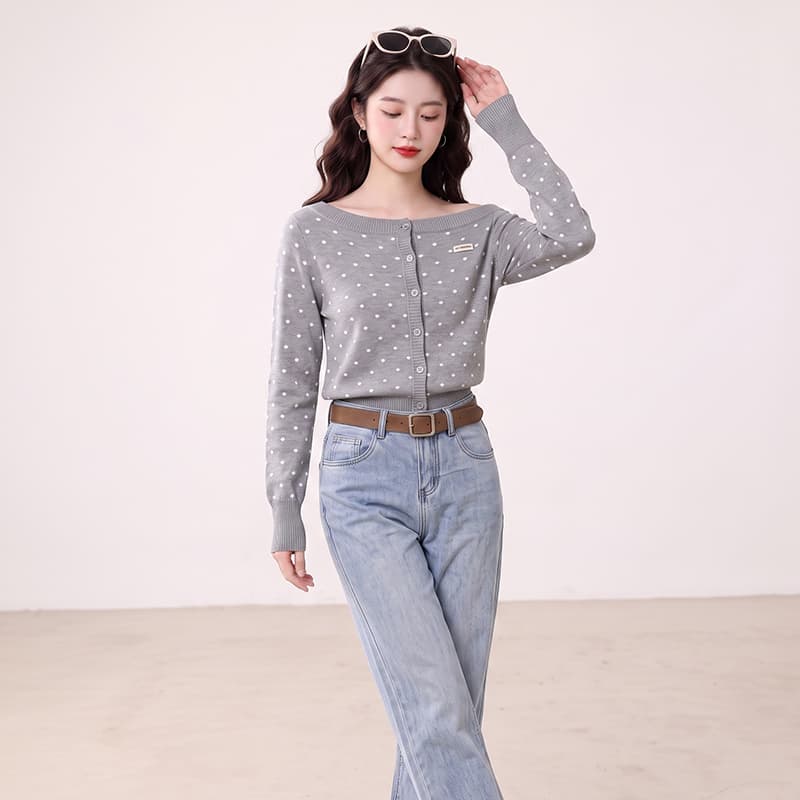 실사 레트로 도트 무늬 비스듬한 어깨 니트 오픈 가디건 여성 몸매 가꾸기 스웨터 캐주얼 핫걸 다용도 재킷 이미지 5