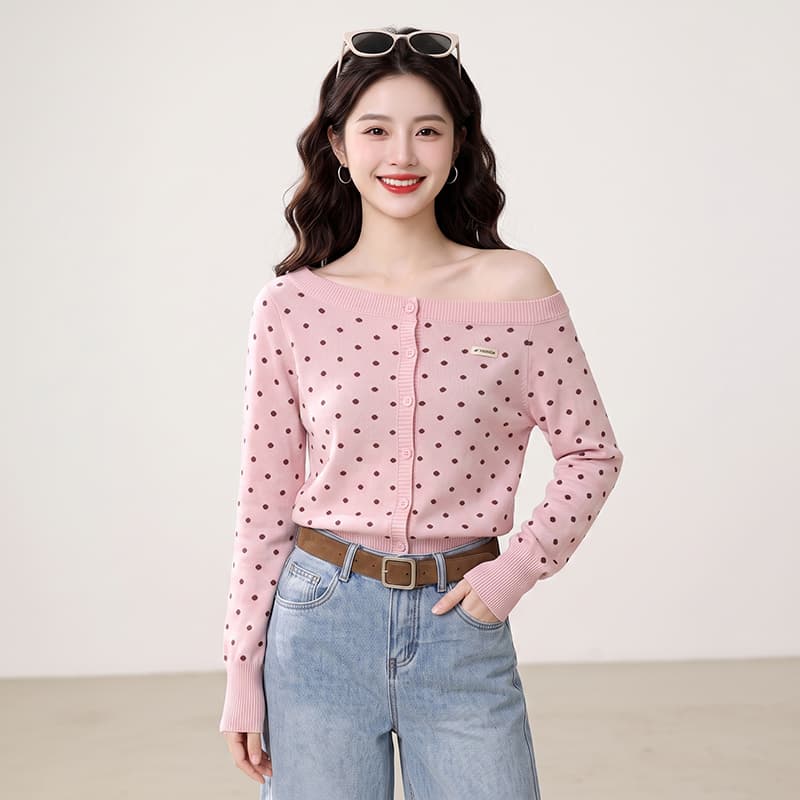 실사 레트로 도트 무늬 비스듬한 어깨 니트 오픈 가디건 여성 몸매 가꾸기 스웨터 캐주얼 핫걸 다용도 재킷 상세 이미지 1