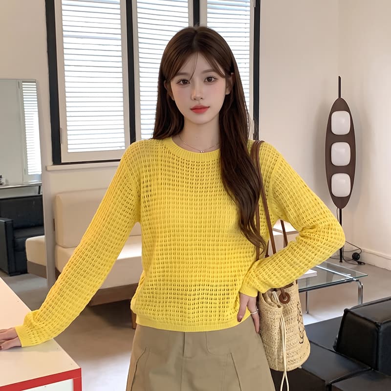 실사 오프숄더 긴팔 얇은 스타일 자외선 차단 블라우스 여성 2026 새로운 캐주얼 외국 가스 홀로우 아웃 시스루 니트 맨위 이미지 4