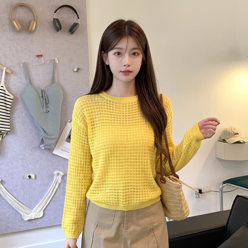 실사 오프숄더 긴팔 얇은 스타일 자외선 차단 블라우스 여성 2026 새로운 캐주얼 외국 가스 홀로우 아웃 시스루 니트 맨위 이미지 2