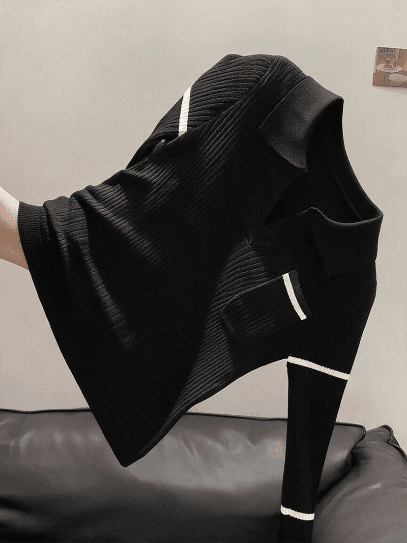 실사 한 부서 학원 스타일 여성 폴로 칼라 배색 스트라이프 긴팔 니트 스웨터 가을 켜기 새로운 슬림해 보이는 맨위 상세 이미지 5