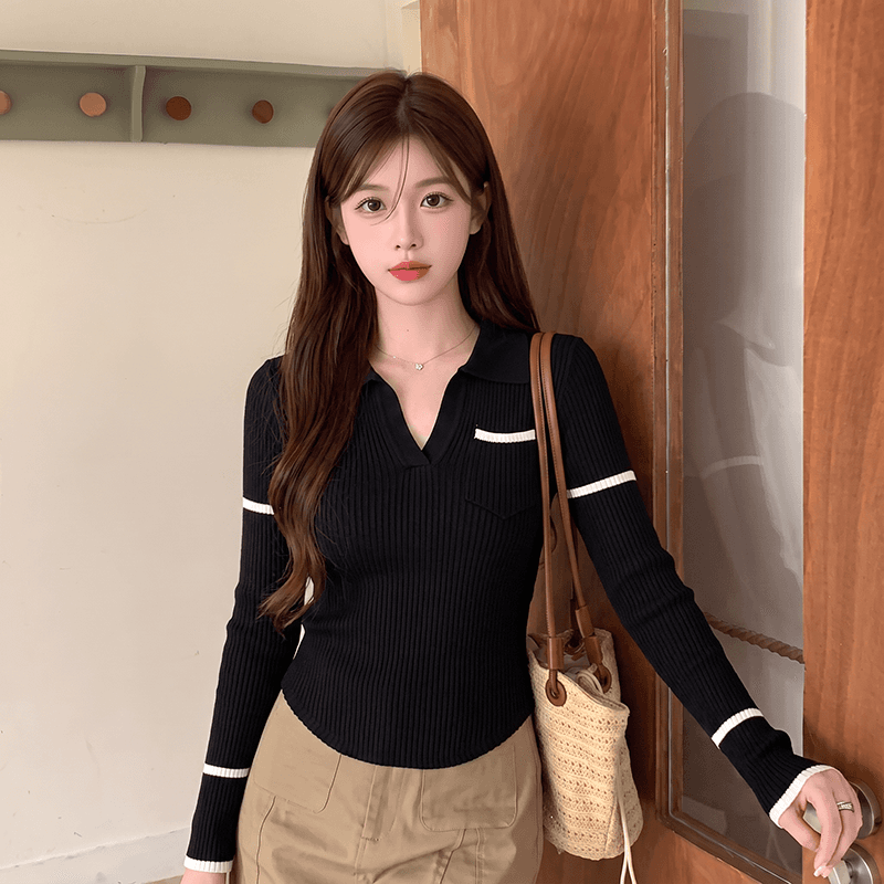 실사 여성 의류 한 부서 학원 스타일 폴로 칼라 배색 스트라이프 긴팔 니트 스웨터 가을 켜기 새로운 슬림해 보이는 맨위 이미지 4