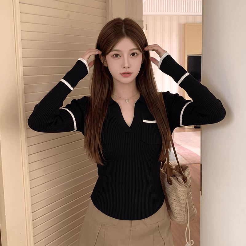 실사 여성 의류 한 부서 학원 스타일 폴로 칼라 배색 스트라이프 긴팔 니트 스웨터 가을 켜기 새로운 슬림해 보이는 맨위 이미지 6