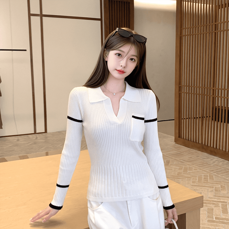 실사 여성 의류 한 부서 학원 스타일 폴로 칼라 배색 스트라이프 긴팔 니트 스웨터 가을 켜기 새로운 슬림해 보이는 맨위 상세 이미지 5