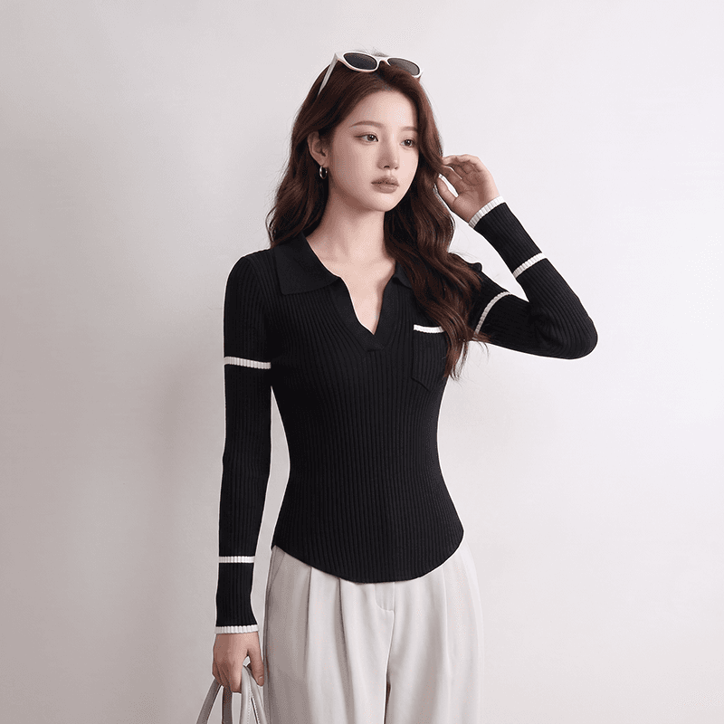 실사 한 부서 학원 스타일 폴로 칼라 배색 여성 의류 스트라이프 긴팔 니트 스웨터 가을 켜기 새로운 슬림해 보이는 맨위 이미지 5