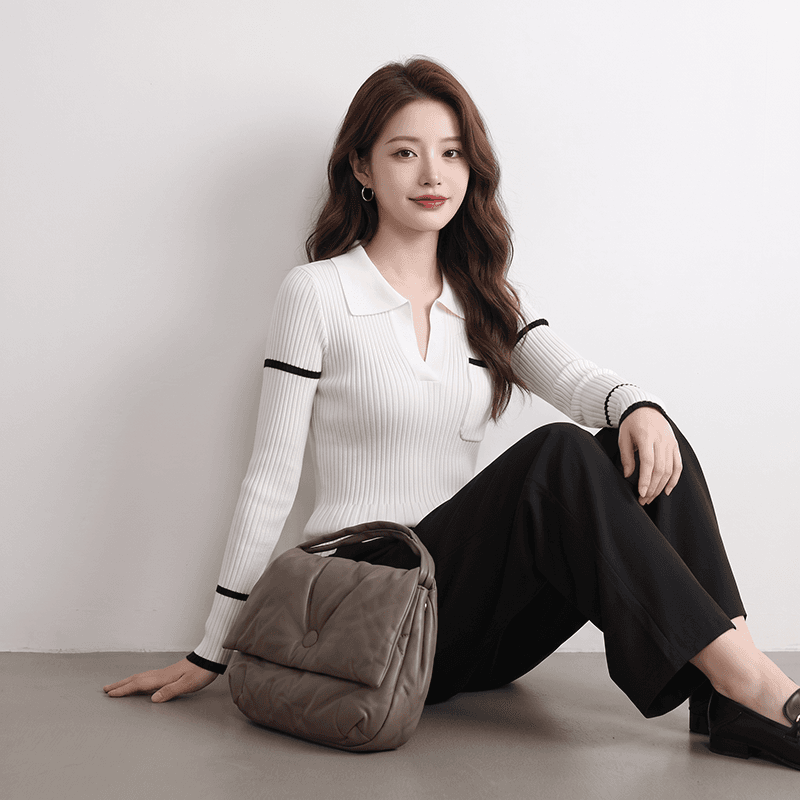 실사 한 부서 학원 스타일 폴로 칼라 배색 여성 의류 스트라이프 긴팔 니트 스웨터 가을 켜기 새로운 슬림해 보이는 맨위 상세 이미지 6