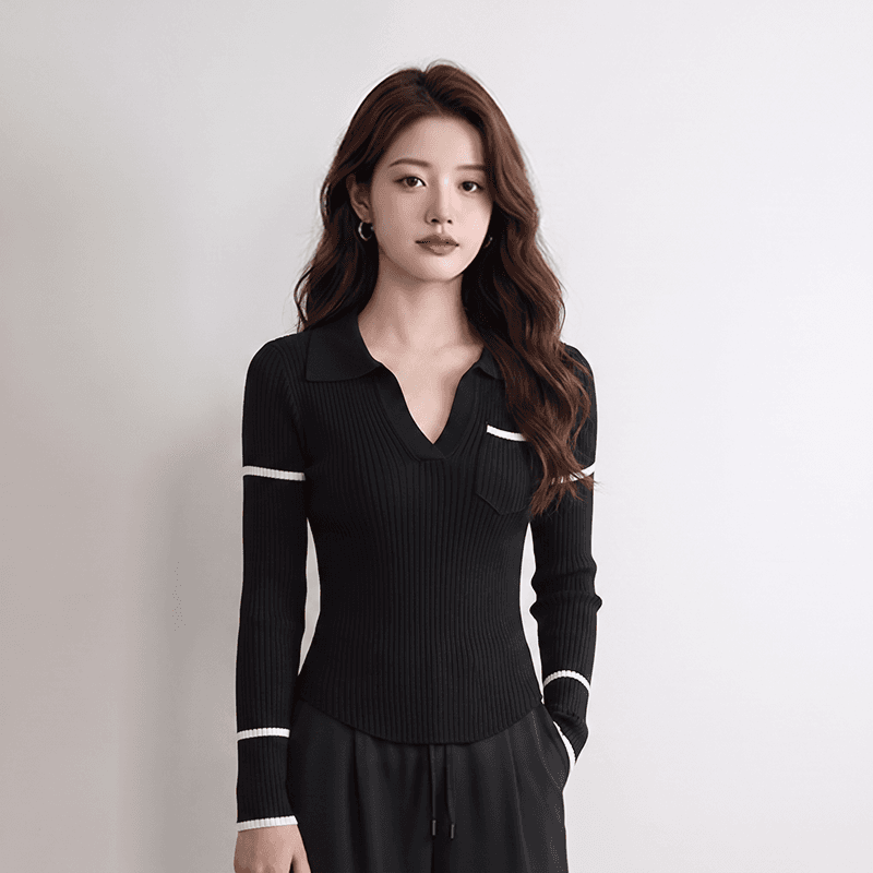 실사 한 부서 학원 스타일 폴로 칼라 배색 여성 의류 스트라이프 긴팔 니트 스웨터 가을 켜기 새로운 슬림해 보이는 맨위 상세 이미지 7