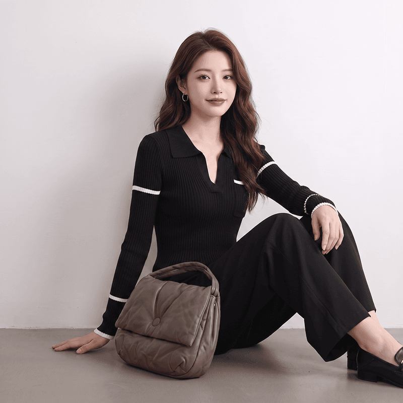 실사 한 부서 학원 스타일 폴로 칼라 배색 여성 의류 스트라이프 긴팔 니트 스웨터 가을 켜기 새로운 슬림해 보이는 맨위 상세 이미지 11