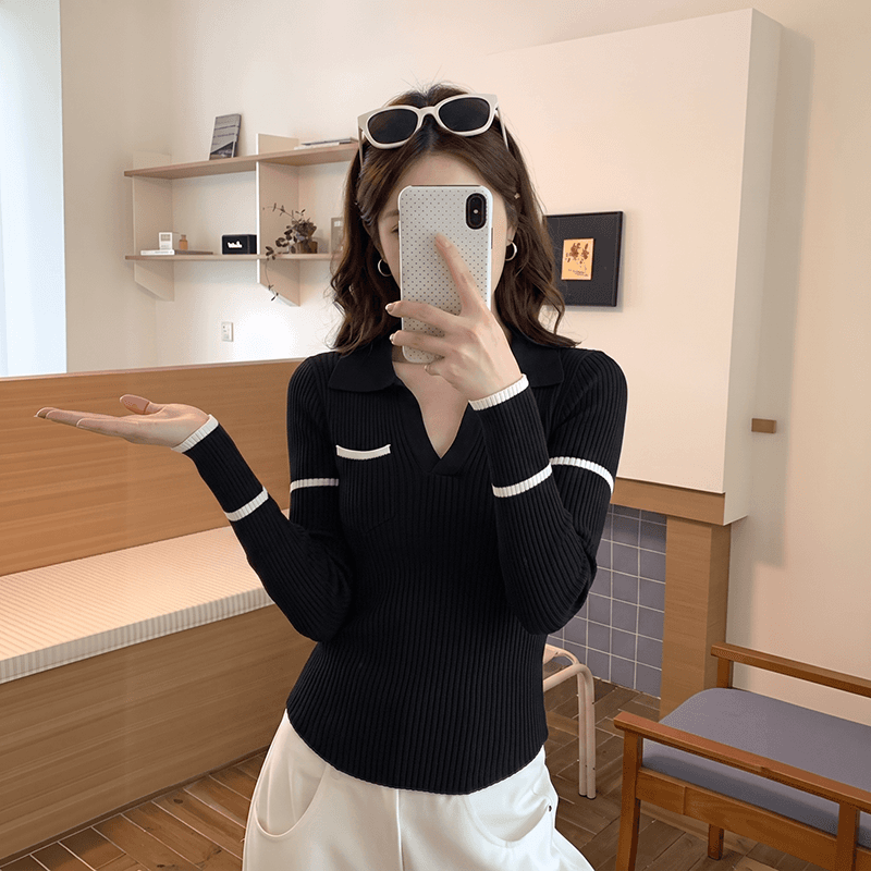 실사 한 부서 학원 스타일 폴로 칼라 배색 스트라이프 긴팔 니트 스웨터 가을 켜기 새로운 슬림해 보이는 맨위 여성 의류 패션 이미지 2
