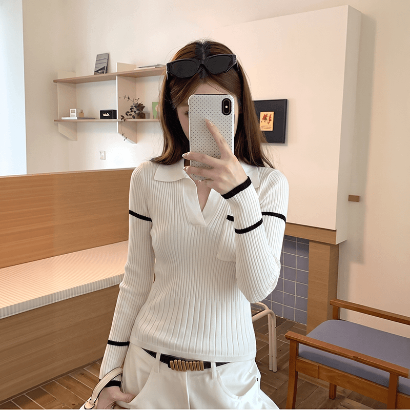 실사 한 부서 학원 스타일 폴로 칼라 배색 스트라이프 긴팔 니트 스웨터 가을 켜기 새로운 슬림해 보이는 맨위 여성 의류 패션 이미지 6