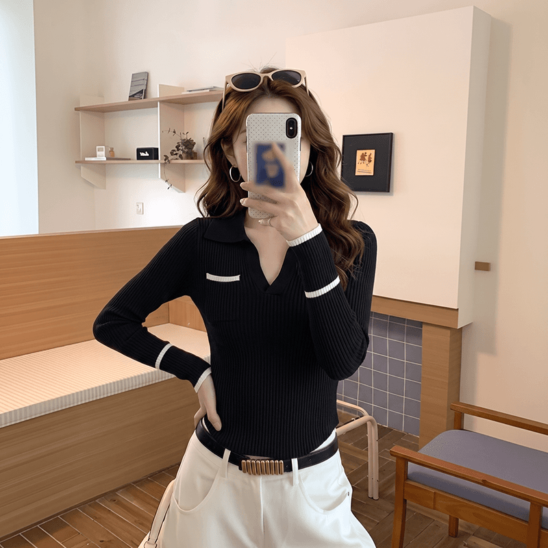 실사 한 부서 학원 스타일 폴로 칼라 배색 스트라이프 긴팔 니트 스웨터 가을 켜기 새로운 슬림해 보이는 맨위 여성 의류 패션 상세 이미지 2