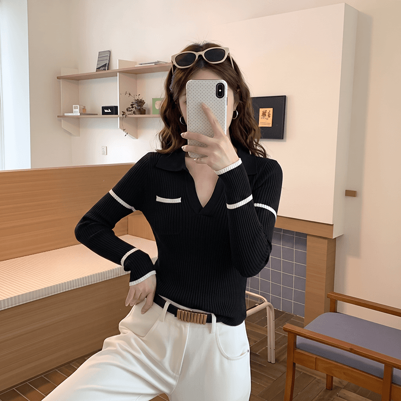 실사 한 부서 학원 스타일 폴로 칼라 배색 스트라이프 긴팔 니트 스웨터 가을 켜기 새로운 슬림해 보이는 맨위 여성 의류 패션 상세 이미지 3
