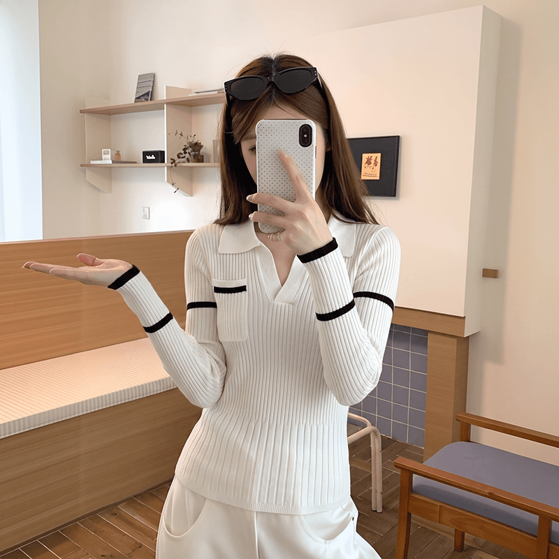 실사 한 부서 학원 스타일 폴로 칼라 배색 스트라이프 긴팔 니트 스웨터 가을 켜기 새로운 슬림해 보이는 맨위 여성 의류 패션 상세 이미지 7