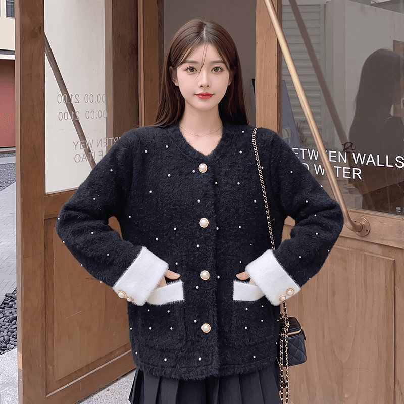 실사 모방 밍크 플리스 작은 샤넬 스타일 카디건 코트 여성 짧은 가을 겨울 새로운 프랑스식 작은 대중 맨위 스웨터 코트 상세 이미지 3