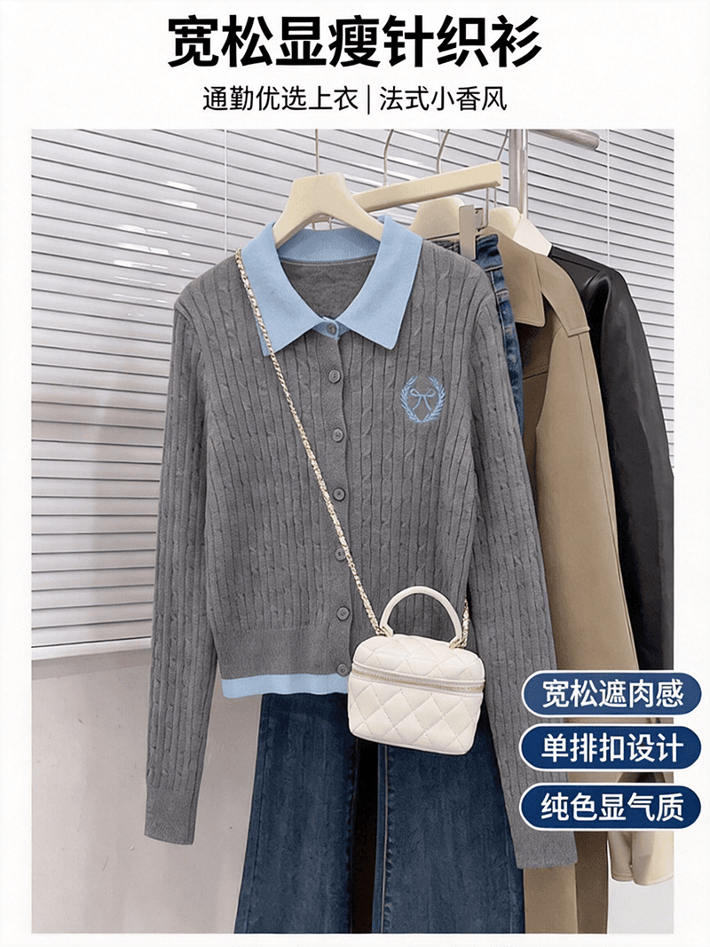 실사 가을 겨울 신제품 한 부서 페이크 레이어드 배색 폴로 칼라 꽈배기 자수 오픈 가디건 스웨터 여자 상세 이미지 1
