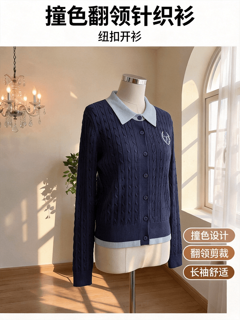 실사 가을 겨울 신제품 한 부서 페이크 레이어드 배색 폴로 칼라 꽈배기 자수 오픈 가디건 스웨터 여자 상세 이미지 1