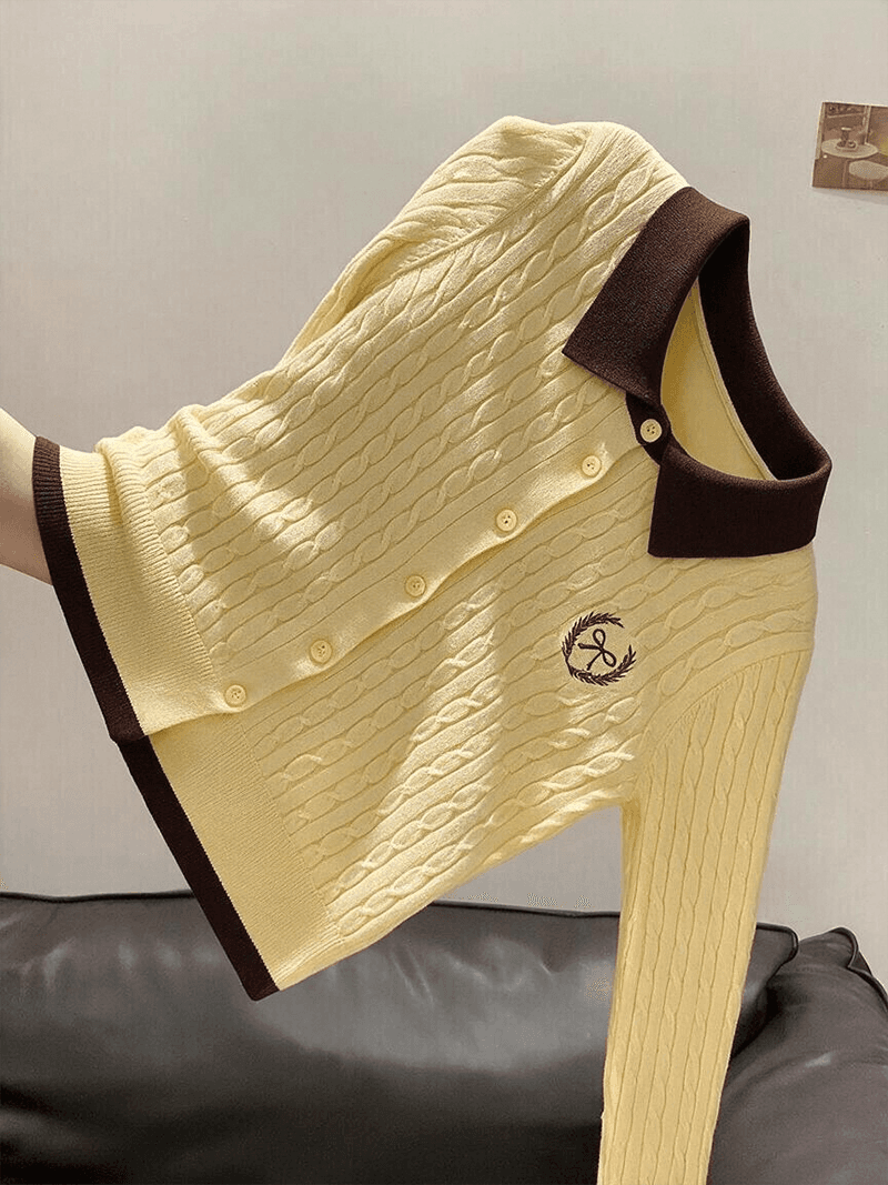 실사 가을 겨울 신제품 한 부서 페이크 레이어드 배색 폴로 칼라 꽈배기 자수 오픈 가디건 스웨터 여자 상세 이미지 3