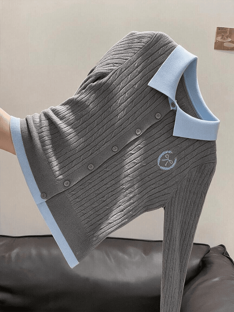 실사 가을 겨울 신제품 한 부서 페이크 레이어드 배색 폴로 칼라 꽈배기 자수 오픈 가디건 스웨터 여자 상세 이미지 4