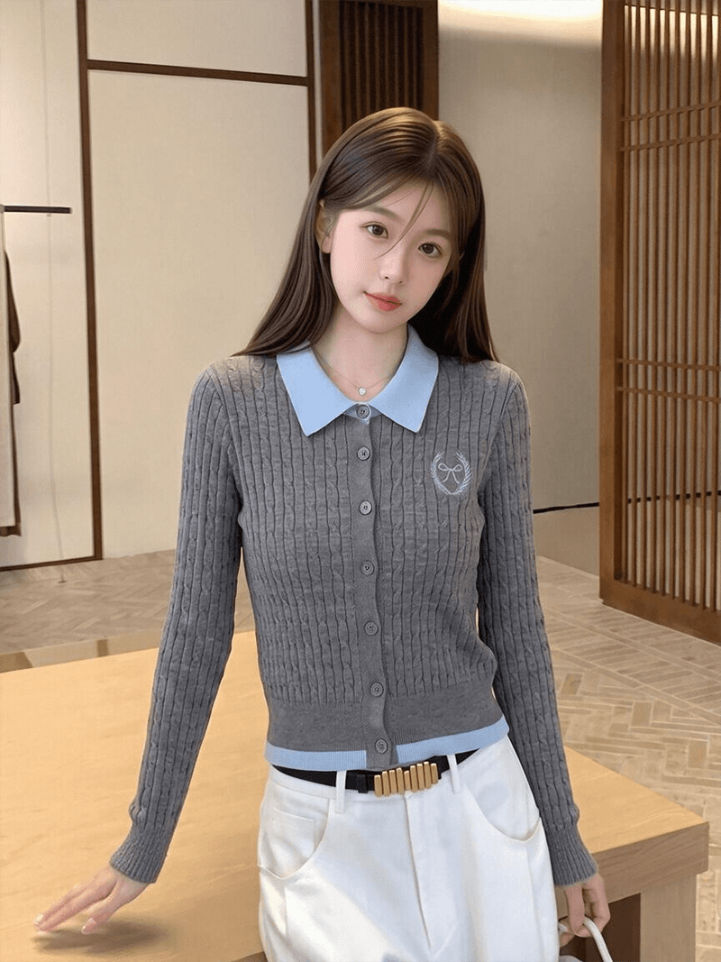 실사 가을 겨울 신제품 한 부서 페이크 레이어드 배색 폴로 칼라 꽈배기 자수 오픈 가디건 스웨터 여자 이미지 5