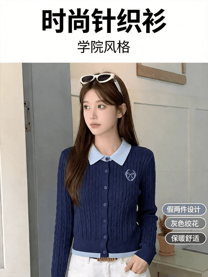 실사 가을 겨울 신제품 한 부서 페이크 레이어드 배색 폴로 칼라 꽈배기 자수 오픈 가디건 스웨터 여자 상세 이미지 1