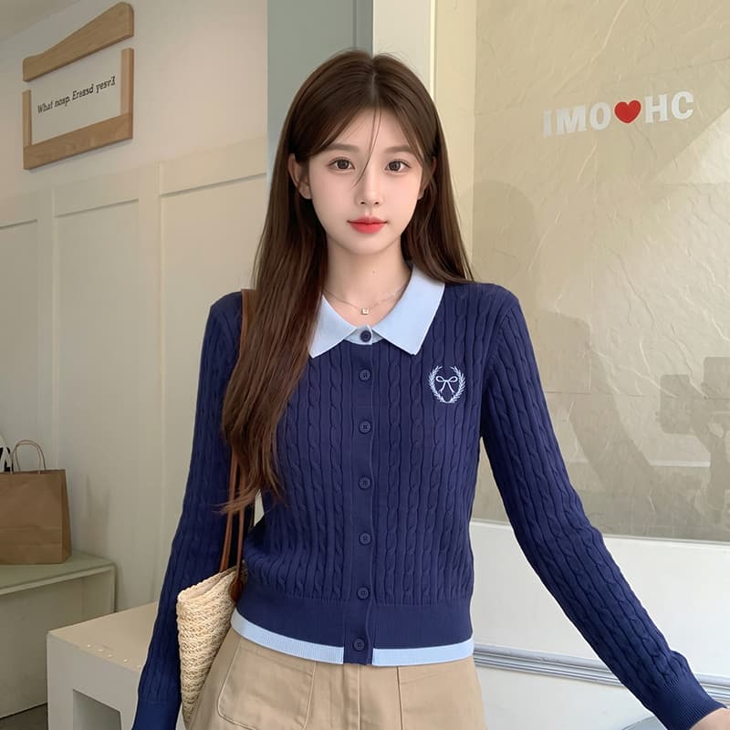 실사 가을 겨울 신제품 한 부서 페이크 레이어드 배색 폴로 칼라 꽈배기 자수 오픈 가디건 스웨터 여자 상세 이미지 2