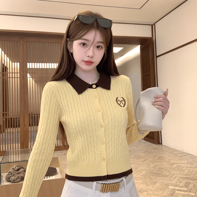 실사 가을 겨울 신제품 한 부서 페이크 레이어드 배색 폴로 칼라 꽈배기 자수 오픈 가디건 스웨터 여자 상세 이미지 3