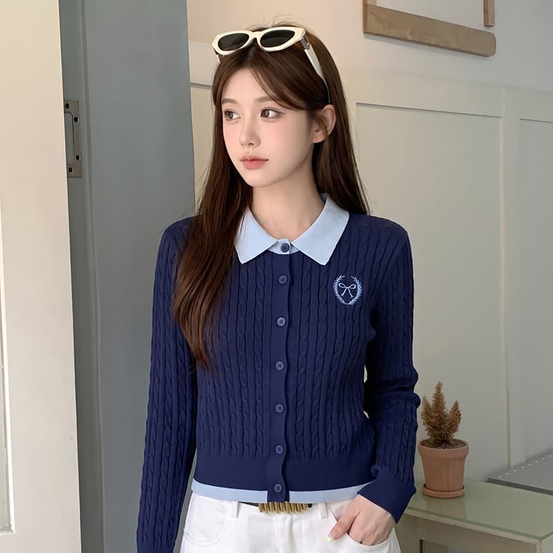 실사 가을 겨울 신제품 한 부서 페이크 레이어드 배색 폴로 칼라 꽈배기 자수 오픈 가디건 스웨터 여자 상세 이미지 4