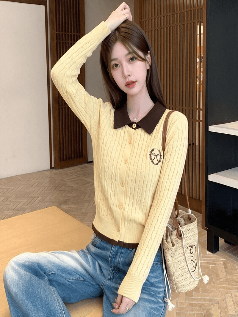 실사 가을 겨울 신제품 한 부서 페이크 레이어드 배색 폴로 칼라 꽈배기 자수 오픈 가디건 스웨터 여자 상세 이미지 5
