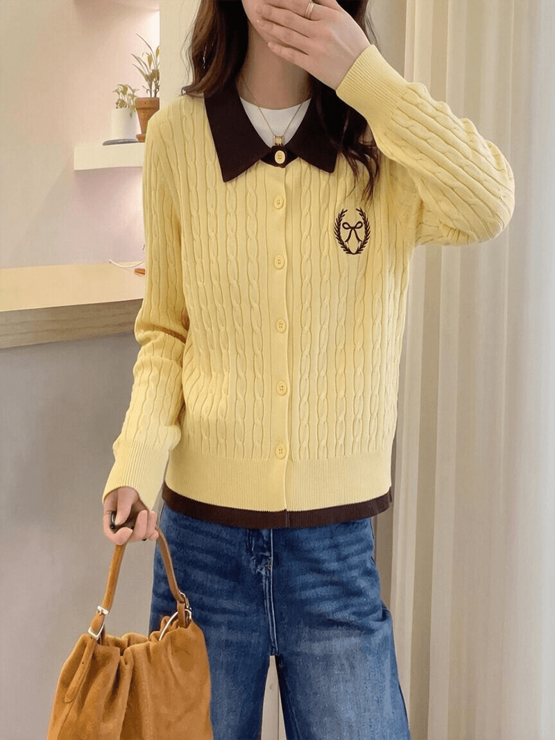 실사 가을 겨울 신제품 한 부서 페이크 레이어드 배색 폴로 칼라 꽈배기 자수 오픈 가디건 스웨터 여자 상세 이미지 3