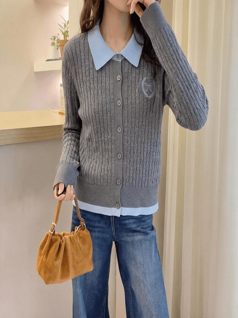 실사 가을 겨울 신제품 한 부서 페이크 레이어드 배색 폴로 칼라 꽈배기 자수 오픈 가디건 스웨터 여자 상세 이미지 5