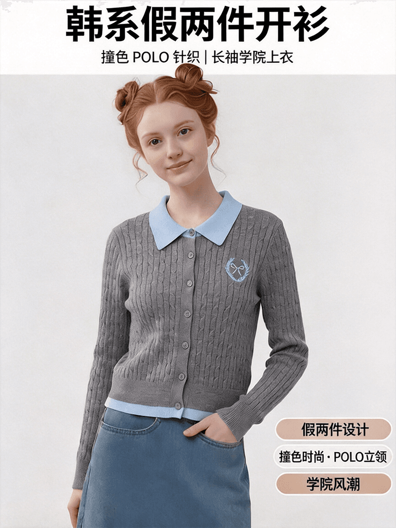 실사 가을 겨울 신제품 한 부서 페이크 레이어드 배색 폴로 칼라 꽈배기 자수 오픈 가디건 스웨터 여자 상세 이미지 1