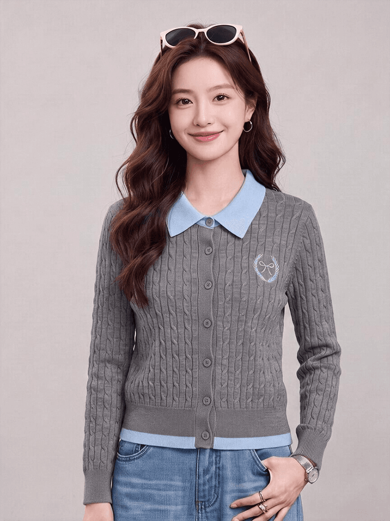 실사 가을 겨울 신제품 한 부서 페이크 레이어드 배색 폴로 칼라 꽈배기 자수 오픈 가디건 스웨터 여자 이미지 2