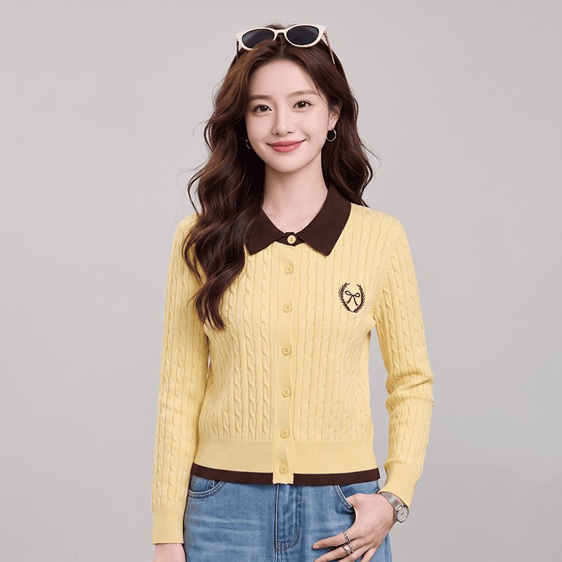 실사 가을 겨울 신제품 한 부서 페이크 레이어드 배색 폴로 칼라 꽈배기 자수 오픈 가디건 스웨터 여자 이미지 3