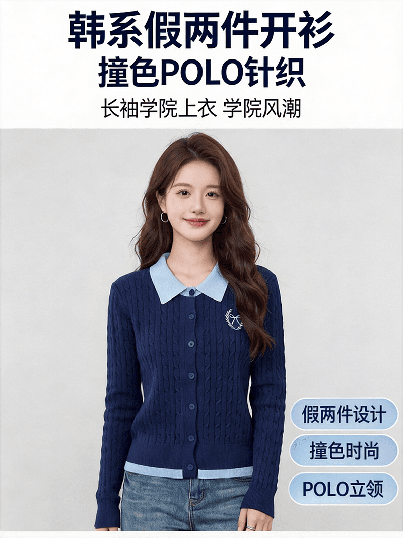 실사 가을 겨울 신제품 한 부서 페이크 레이어드 배색 폴로 칼라 꽈배기 자수 오픈 가디건 스웨터 여자 상세 이미지 1