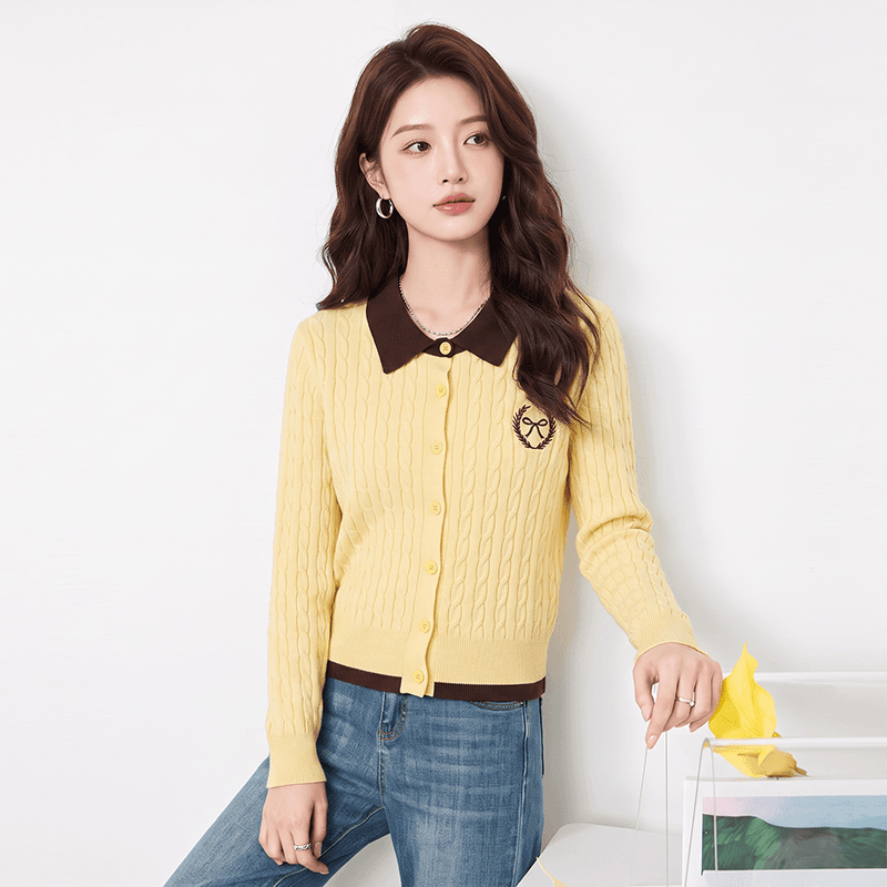 실사 가을 겨울 신제품 한 부서 페이크 레이어드 배색 폴로 칼라 꽈배기 자수 오픈 가디건 스웨터 여자 상세 이미지 3