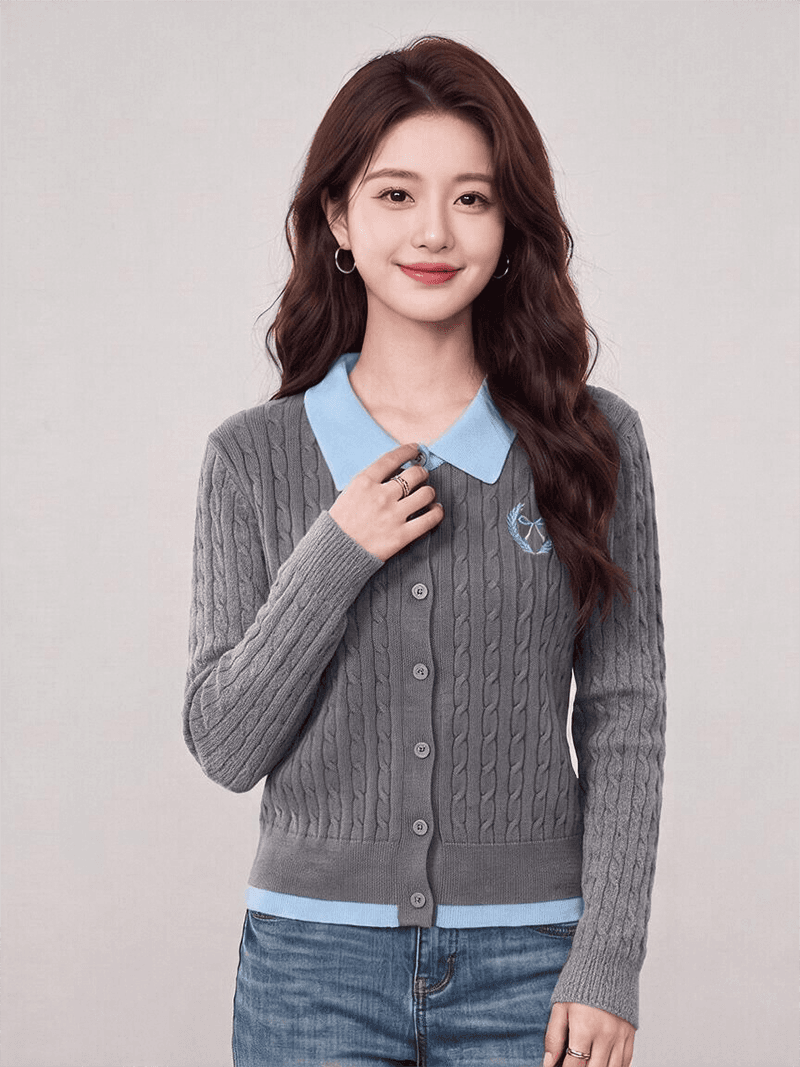 실사 가을 겨울 신제품 한 부서 페이크 레이어드 배색 폴로 칼라 꽈배기 자수 오픈 가디건 스웨터 여자 상세 이미지 5