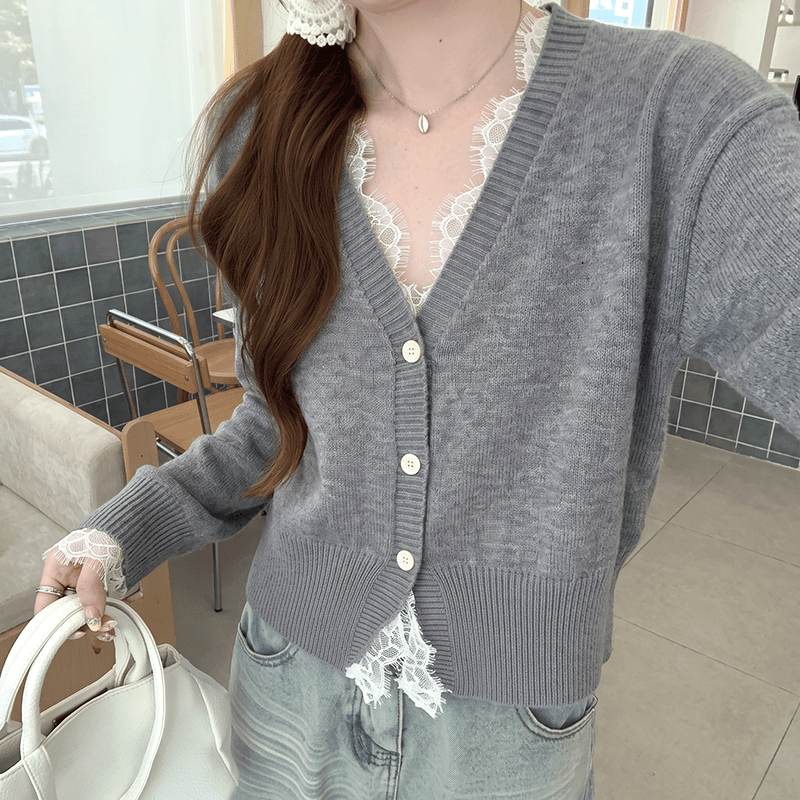 없음 머리 바람 실사 이른 가을 작은 대중 디자인 센스 레이스 레이스 패치워크 페이크 레이어드 v 칼라 니트 카디건 코트