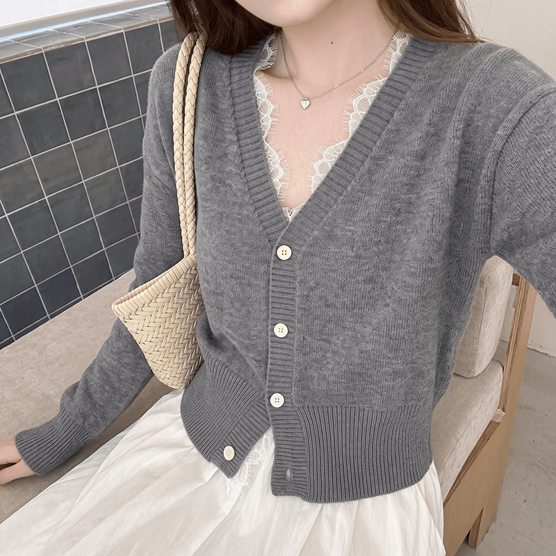 없음 머리 바람 실사 이른 가을 작은 대중 디자인 센스 레이스 레이스 패치워크 페이크 레이어드 v 칼라 니트 카디건 코트 상세 이미지 5