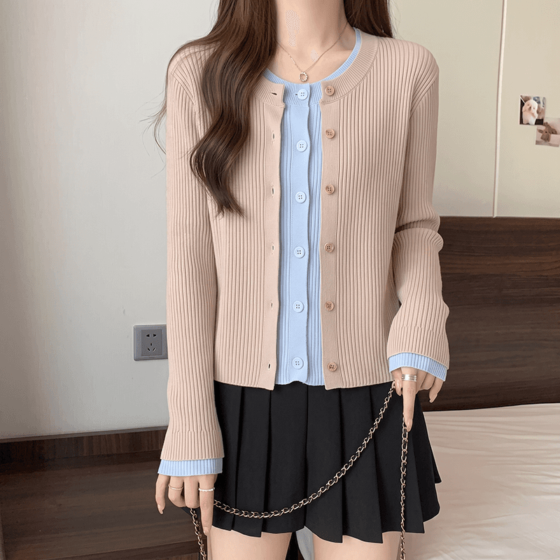 없음 머리 바람 실사 2026 한 부서 느긋한 바람 페이크 레이어드 배색 패치워크 긴팔 니트 오픈 가디건 상세 이미지 8