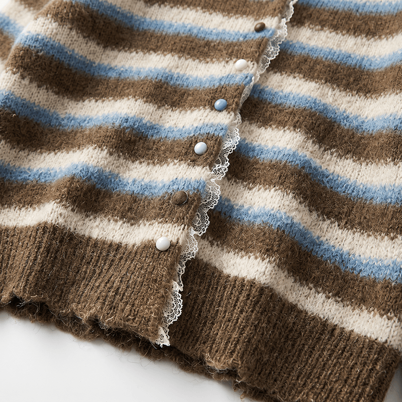 끊다 바람 실사 한 부서 배색 스트라이프 레이스 조각 느긋한 바람 니트 오픈 가디건 스웨터 코트 상세 이미지 14