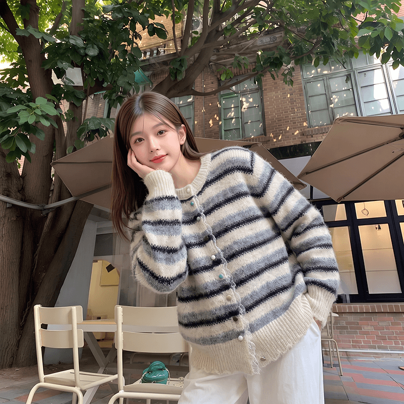 실사 한 부서 배색 스트라이프 레이스 조각 느긋한 바람 니트 오픈 가디건 스웨터 코트