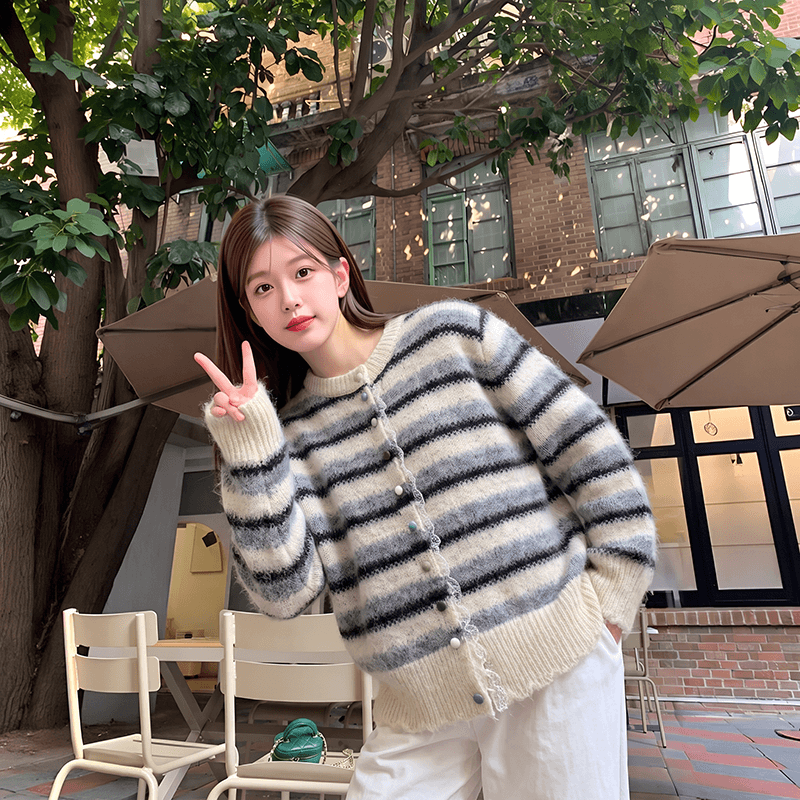 실사 한 부서 배색 스트라이프 레이스 조각 느긋한 바람 니트 오픈 가디건 스웨터 코트 상세 이미지 4