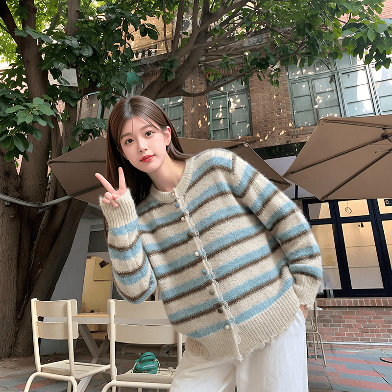 실사 한 부서 배색 스트라이프 레이스 조각 느긋한 바람 니트 오픈 가디건 스웨터 코트 상세 이미지 6