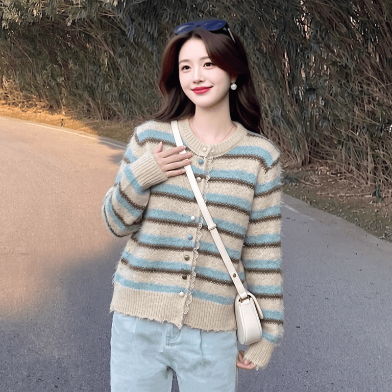 실사 한 부서 부드러운 바람 배색 스트라이프 레이스 조각 느긋한 바람 니트 오픈 가디건 스웨터 코트 상세 이미지 7