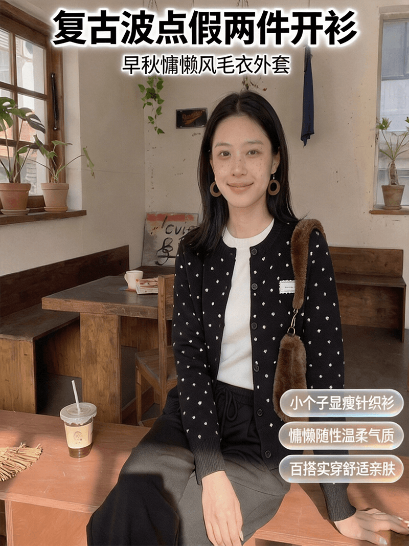 실사 달콤함 검정색 도트 무늬 페이크 레이어드 니트 오픈 가디건 맨위 여성 이른 가을 새로운 쇼트 스타일 스웨터 코트 상세 이미지 1