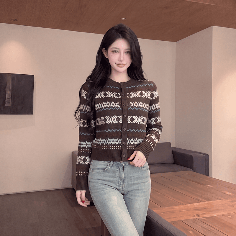 실사 2026 가을 겨울 새로운 여성 의류 레트로 문예 공정한 섬 자카드 니트 오픈 가디건
