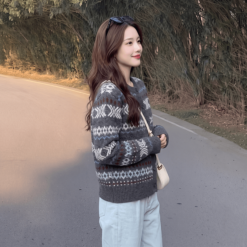 실사 2026 가을 겨울 새로운 여성 의류 레트로 문예 공정한 섬 자카드 니트 오픈 가디건 이미지 2
