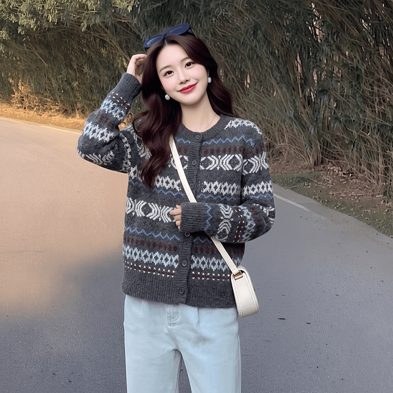 실사 2026 가을 겨울 새로운 여성 의류 레트로 문예 공정한 섬 자카드 니트 오픈 가디건 이미지 4