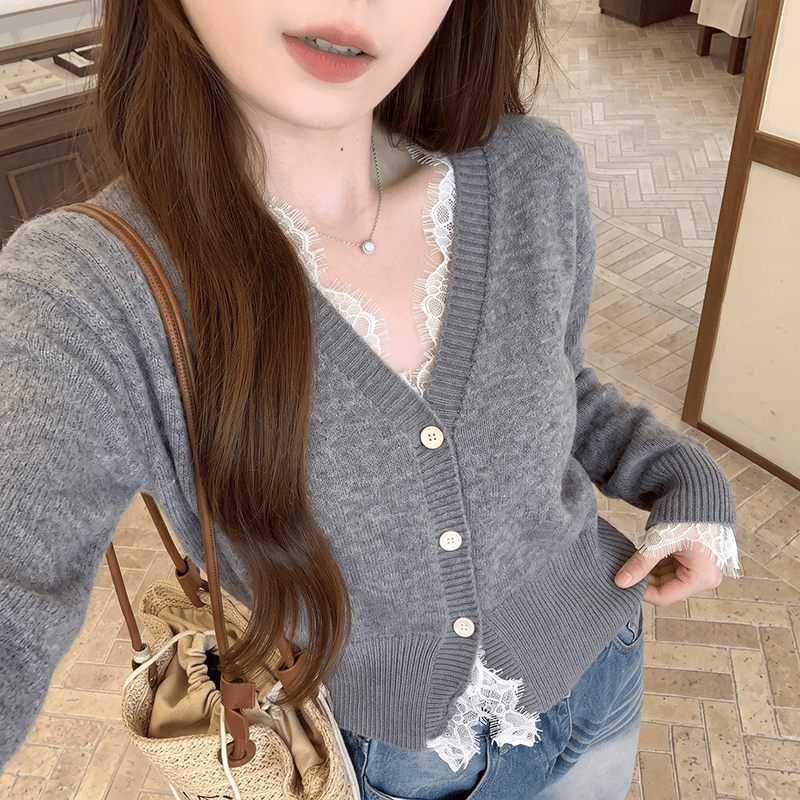 없음 머리 바람 실사 이른 가을 작은 대중 디자인 센스 레이스 레이스 패치워크 페이크 레이어드 v 칼라 니트 카디건 코트 이미지 4