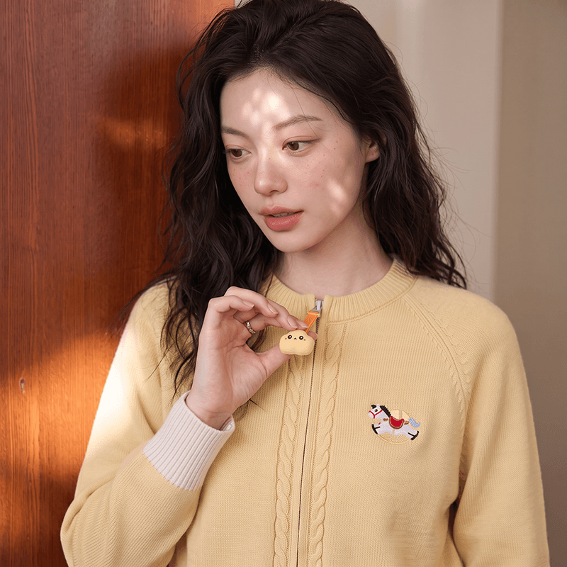 실사 작은 말 자수 배색 오픈 가디건 스웨터 여자 가을과 겨울 더블 지퍼 니트 스웨터 재킷 맨위 상세 이미지 6